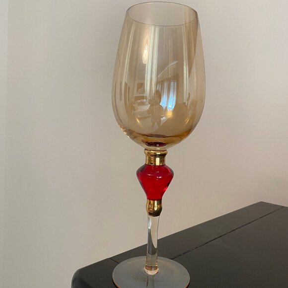 Vintage Pier 1 Amber Luster Glass Goblets with Gold Trim and Red Diamond Accent - Picture 3 of 5